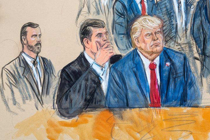 This artist sketch depicts former President Donald Trump, right, conferring with defense lawyer Todd Blanche, center, during his appearance at the Federal Courthouse in Washington, Thursday, Aug. 3, 2023. Special Prosecutor Jack Smith sits at left. Trump pleaded not guilty in Washington's federal court to charges that he conspired to overturn the 2020 election. (Dana Verkouteren via AP)