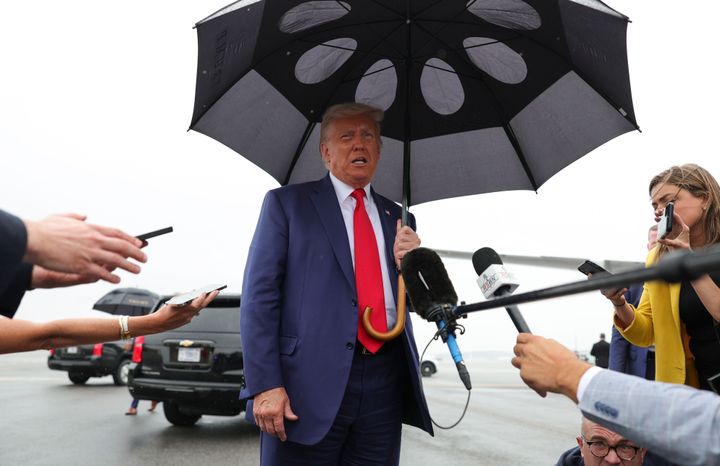 ARLINGTON, VA - AUGUST 3: Former president Donald Trump arrives at Ronald Reagan Washington National Airport in Arlington, Va. on Thursday, August 3, 2023 after appearing at E. Barrett Prettyman United States Court House. Trump pleaded not guilty Thursday to charges that he conspired to overturn the results of the 2020 election at a court appearance in Washington, DC. (Photo by Tom Brenner for The Washington Post via Getty Images)