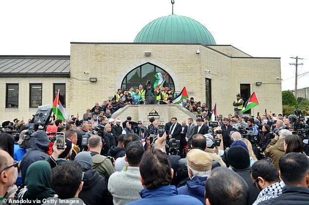 Hundreds of people gather at the Mosque Foundation in Bridgeview, Illinois, for Wadea's funeral on Monday
